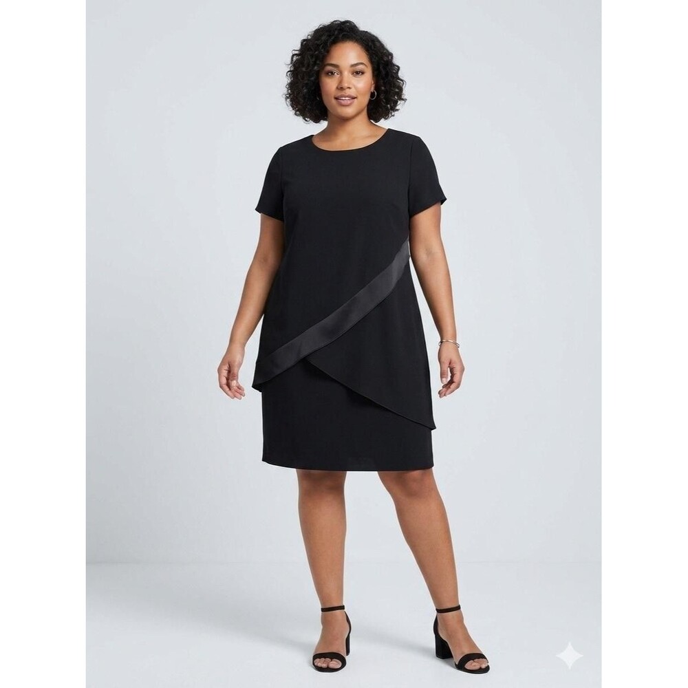Chico's Dress Womens 3.5 Plus Black Short Sleeve Shift Asymmetrical Knee Length‎